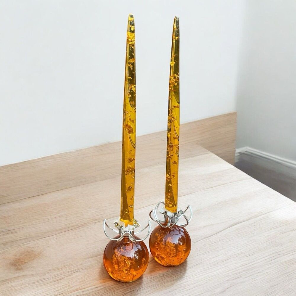 Mid Century Candles and Holders Orange Lucite With Gold Flakes Set Of 2 MCM